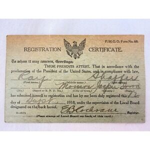 Vintage 1918 WWI Draft Registration Certificate Ray Shaffer Jasper County Iowa